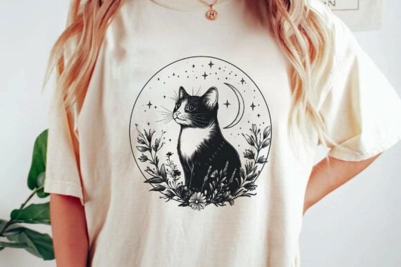Mystical Celestial Black Cat Moon & Stars Graphic